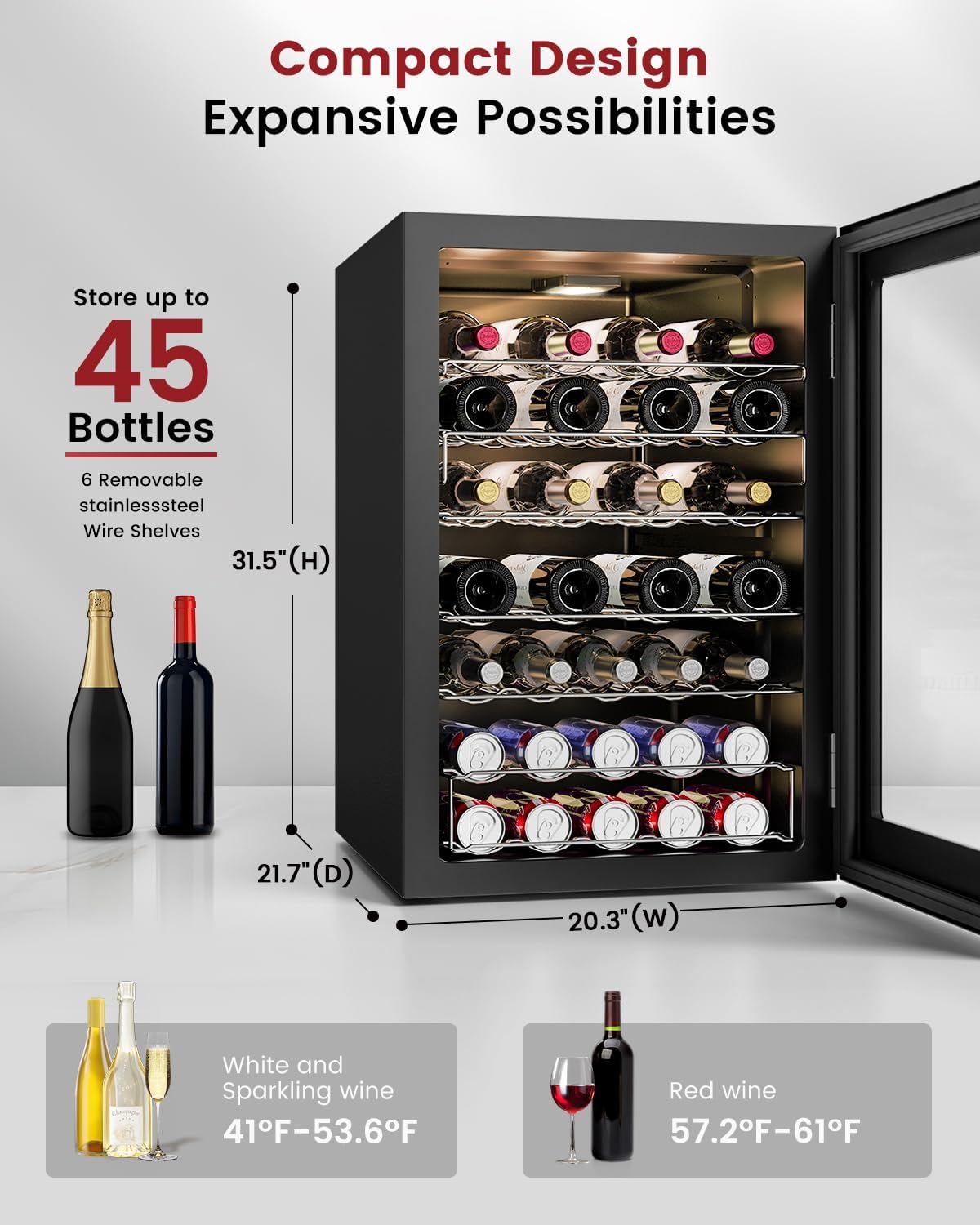 Wine Beer Fridge Small - Wine Cooler Refrigerator - 45 Bottle